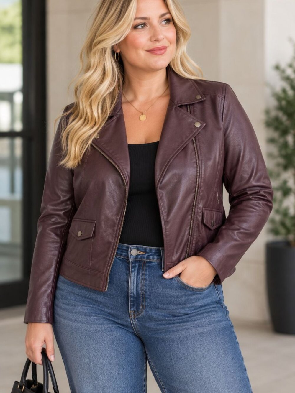KUT from the Kloth Faux Leather Moto Jacket XL Plum Burgundy Moto Chic
